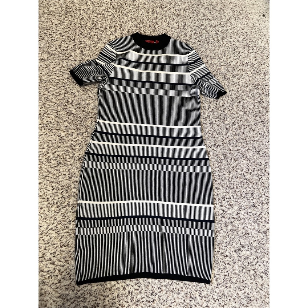 Hugo Boss Women's Knee Length Dress. Sz L Stretch Knit Viscousblend‎ Navy White